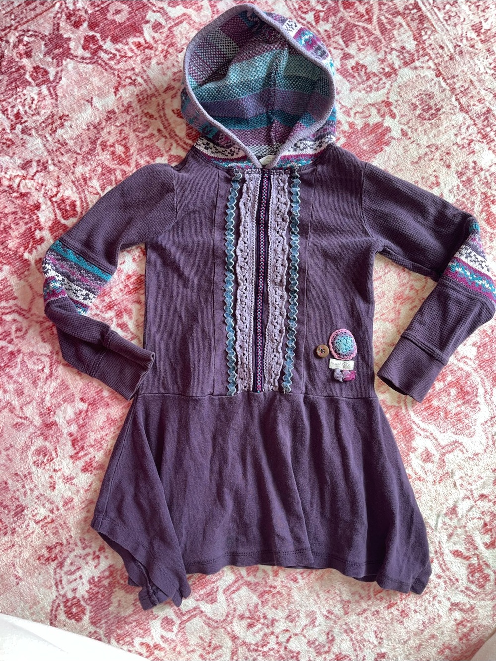 Naartjie Plum Hooded Knit Dress with Teal & Pink Accents